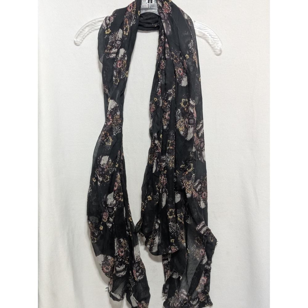 Black Sheer Skull Floral Print Scarf Lightweight Gothic Gauze Wrap Accessory